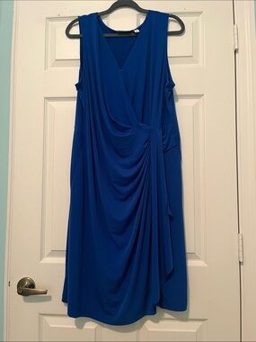 Susan Graver Royal Blue Sleeveless Draped Faux-Wrap Midi Dress